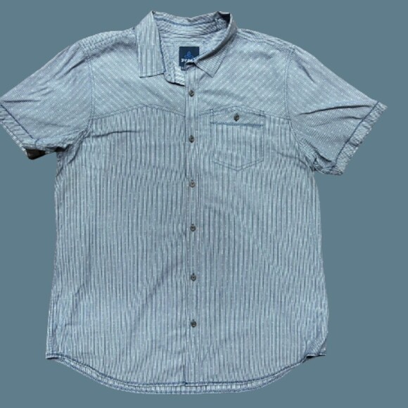PrAna Outdoors Hiking Microstripe Cotton Blue Button Front Shirt Mens Size Large - Picture 1 of 8